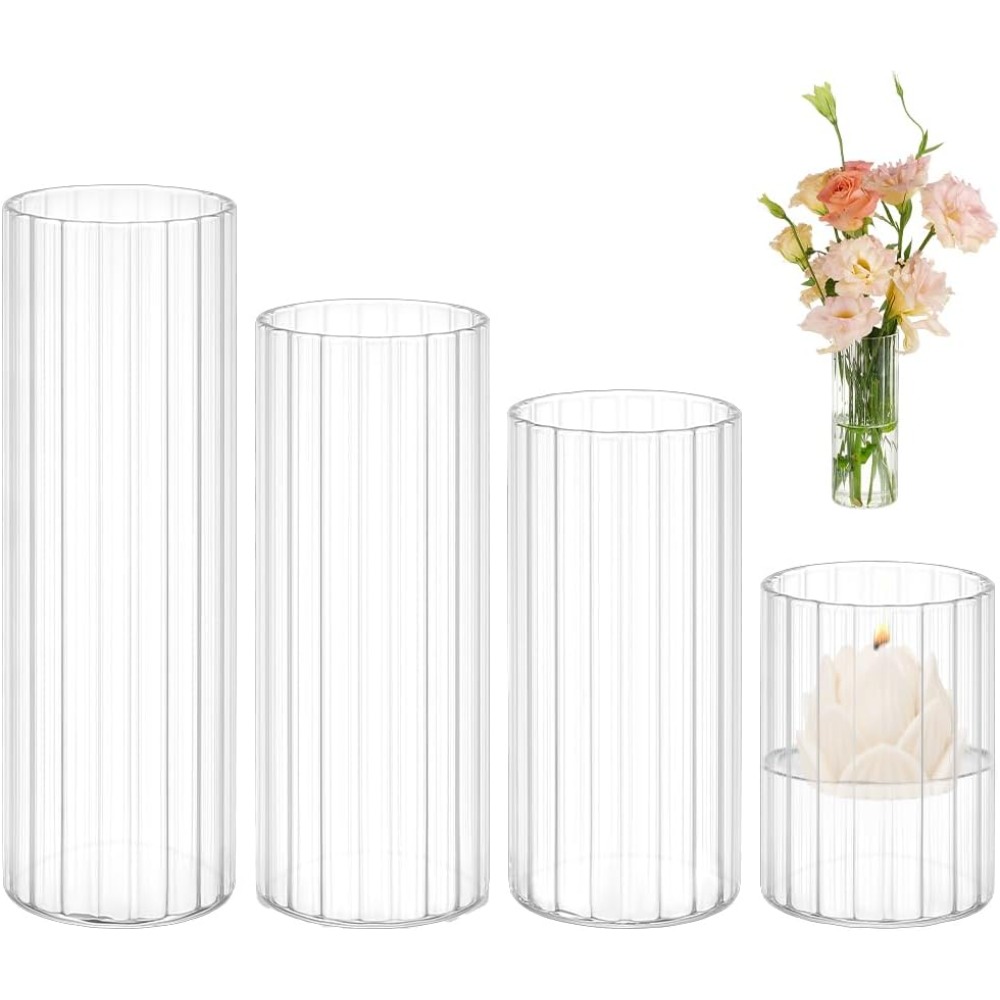 Candle Containers - 4サイズのガラス製円柱花瓶 3.5/5.5/6.7/7.8インチ 透明な花瓶 センターピース用 ガラス容器 ピラーキャンドル用