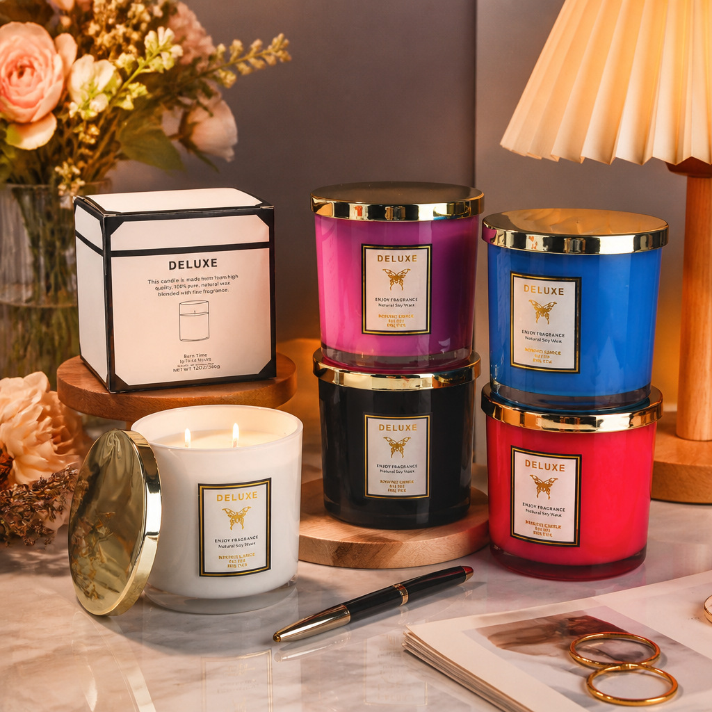 Candle Fragrance - 400gの金色の蓋が付いた、香りの良いキャンドル。家庭用、寝室用。持続性のある香りで、お部屋の装飾としても使える。大豆ワックスを使用した、クリエイティブなデザインのキャンドル。