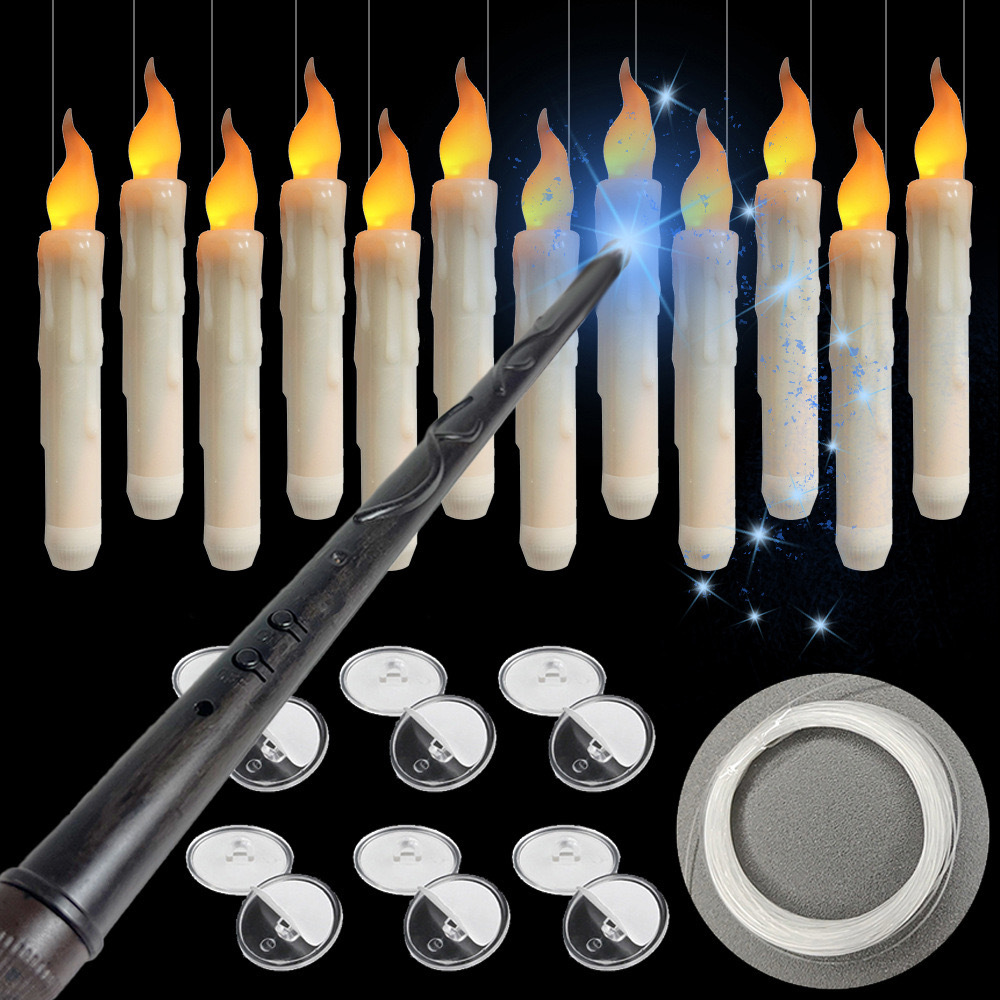 Candle Wick - 魔法の杖リモコン付き、電池式LED温白色3Dウィックライトウィンドウキャンドル、本物の蝋を使用した、炎のないアイボリーテーパーキャンドル