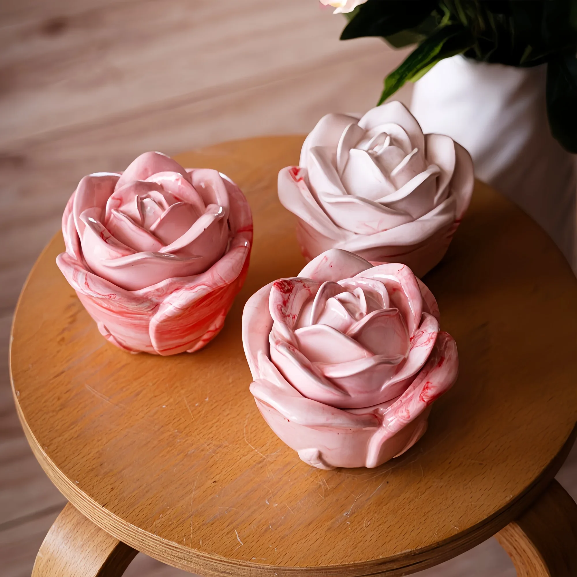 Candle Molds - 2ピースセット ローズ型シリコンモールド 蓋付き、エポキシ樹脂、石膏、コンクリートクラフト用のエレガントなキャンドルホルダーモールド
