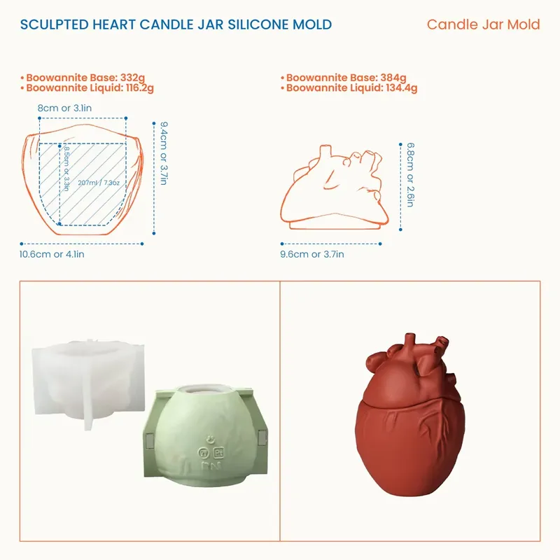 ニコール彫刻ハートキャンドルジャー蓋付き型、石膏またはセメン - Candle Molds のレビューと価格